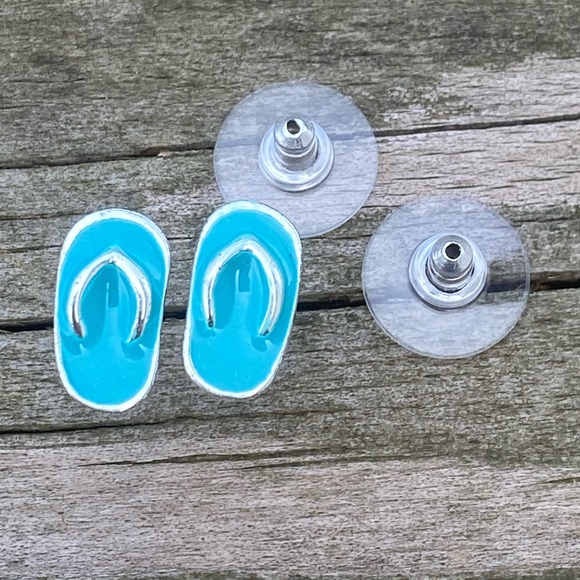 Thong sandals flip flops earrings slippahs silver tone turquoise enamel studs - Picture 4 of 8